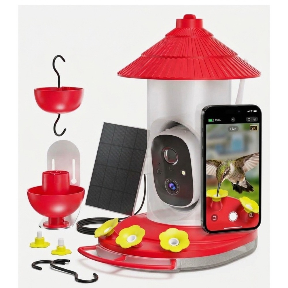 LongPlus Smart Hummingbird Feeder G01 Red Solar Powered Camera 20oz Ant Proof